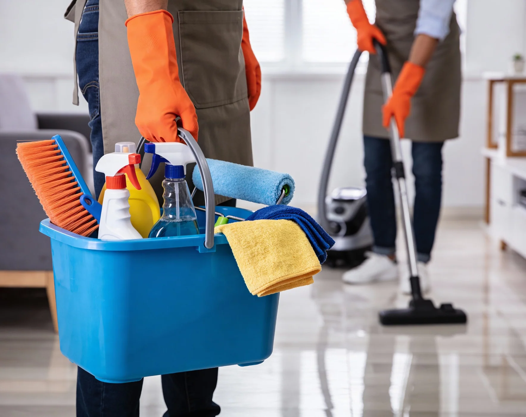 A professional cleaning caddy and supplies